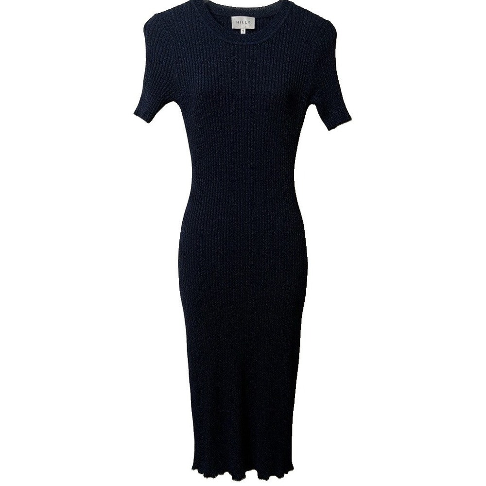 Milly Metallic‎ Stardust Ribbed Sweater Dress XS Navy Blue Siren Celeb Style